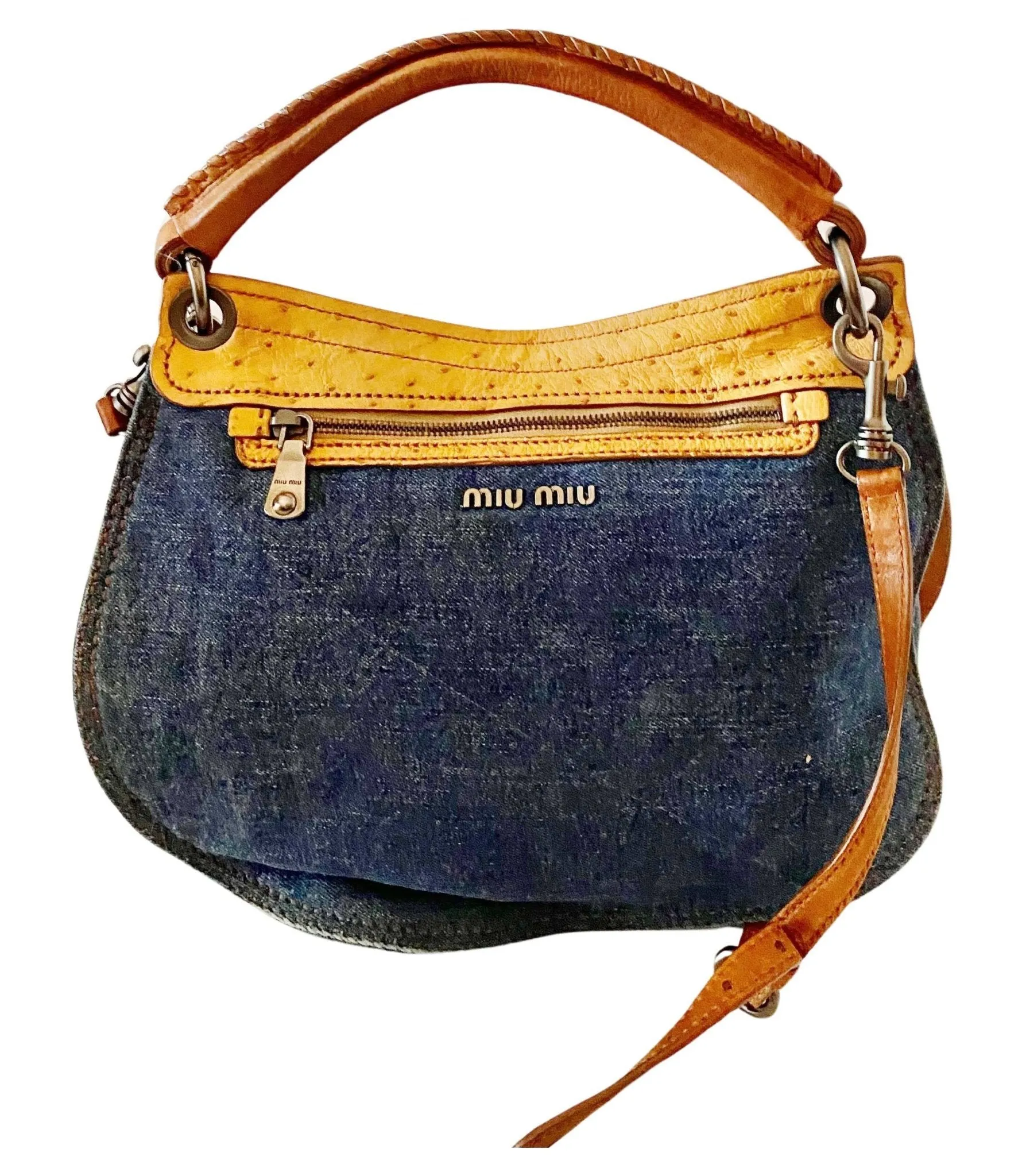 2000s miu miu ostrich leather denim top handle Hobo Flap Bag