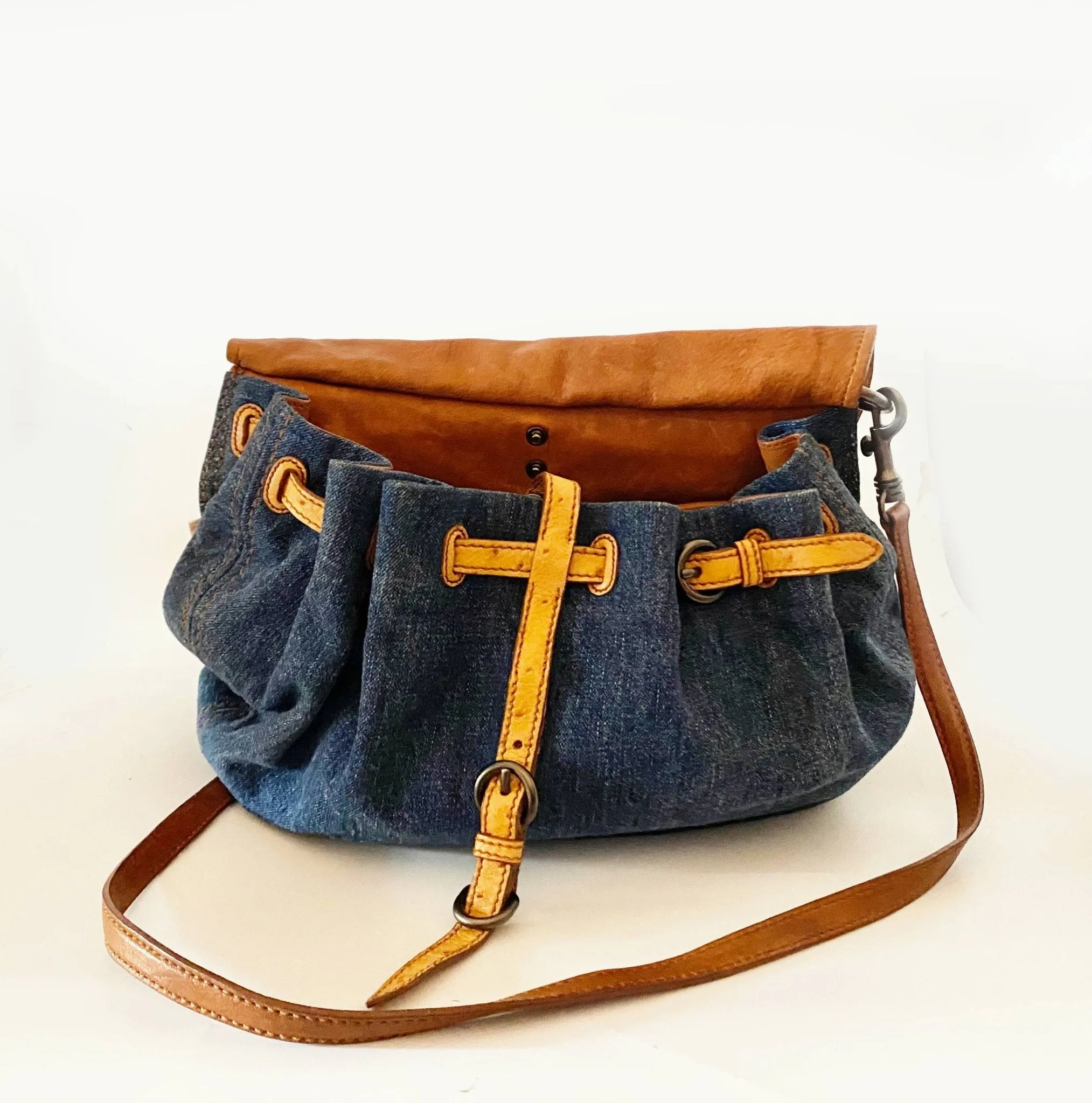 2000s miu miu ostrich leather denim top handle Hobo Flap Bag