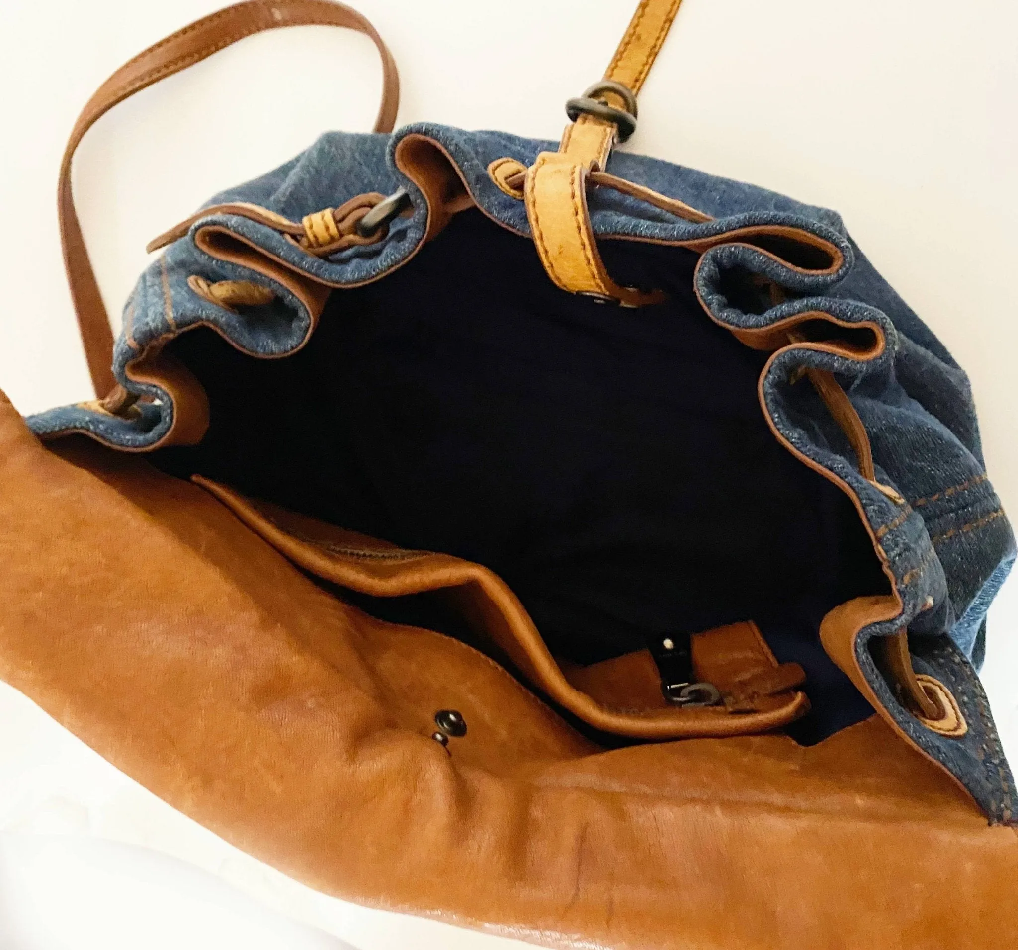 2000s miu miu ostrich leather denim top handle Hobo Flap Bag