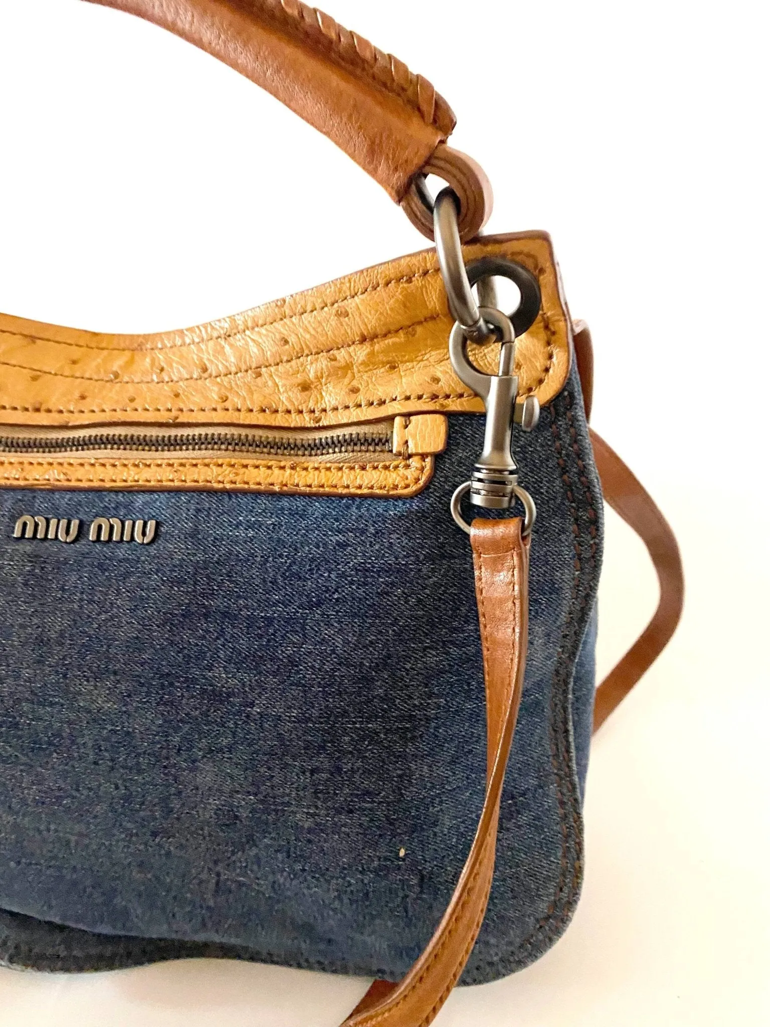 2000s miu miu ostrich leather denim top handle Hobo Flap Bag