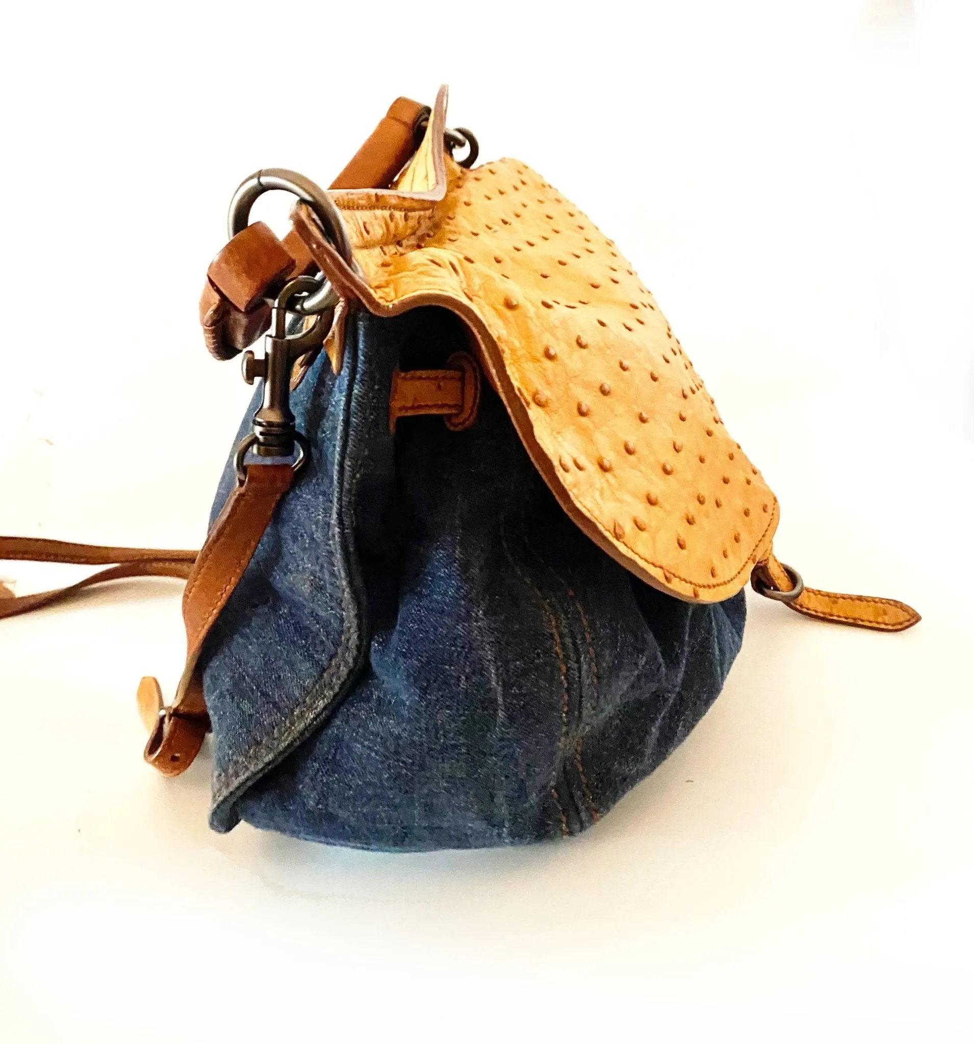 2000s miu miu ostrich leather denim top handle Hobo Flap Bag