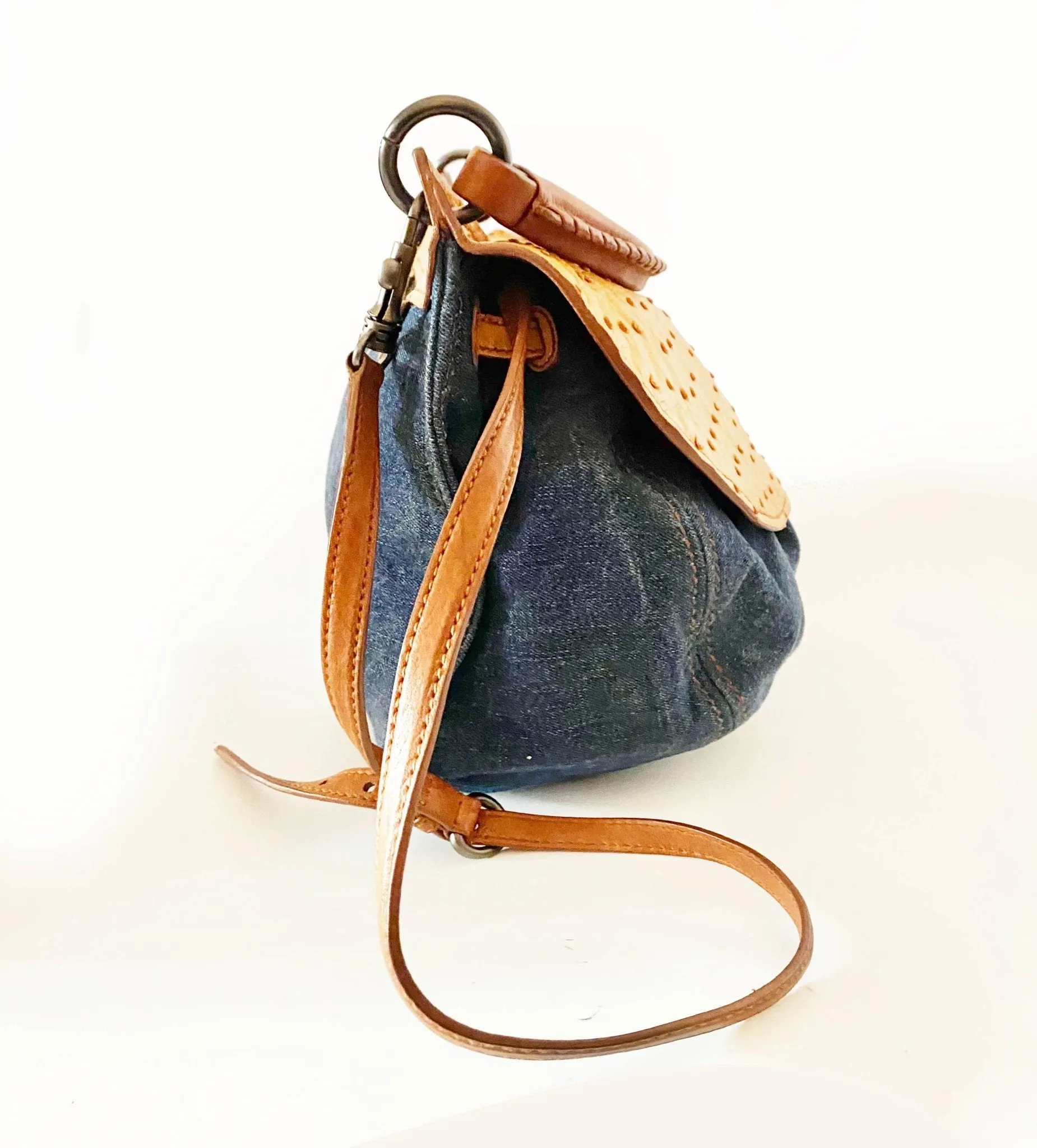 2000s miu miu ostrich leather denim top handle Hobo Flap Bag