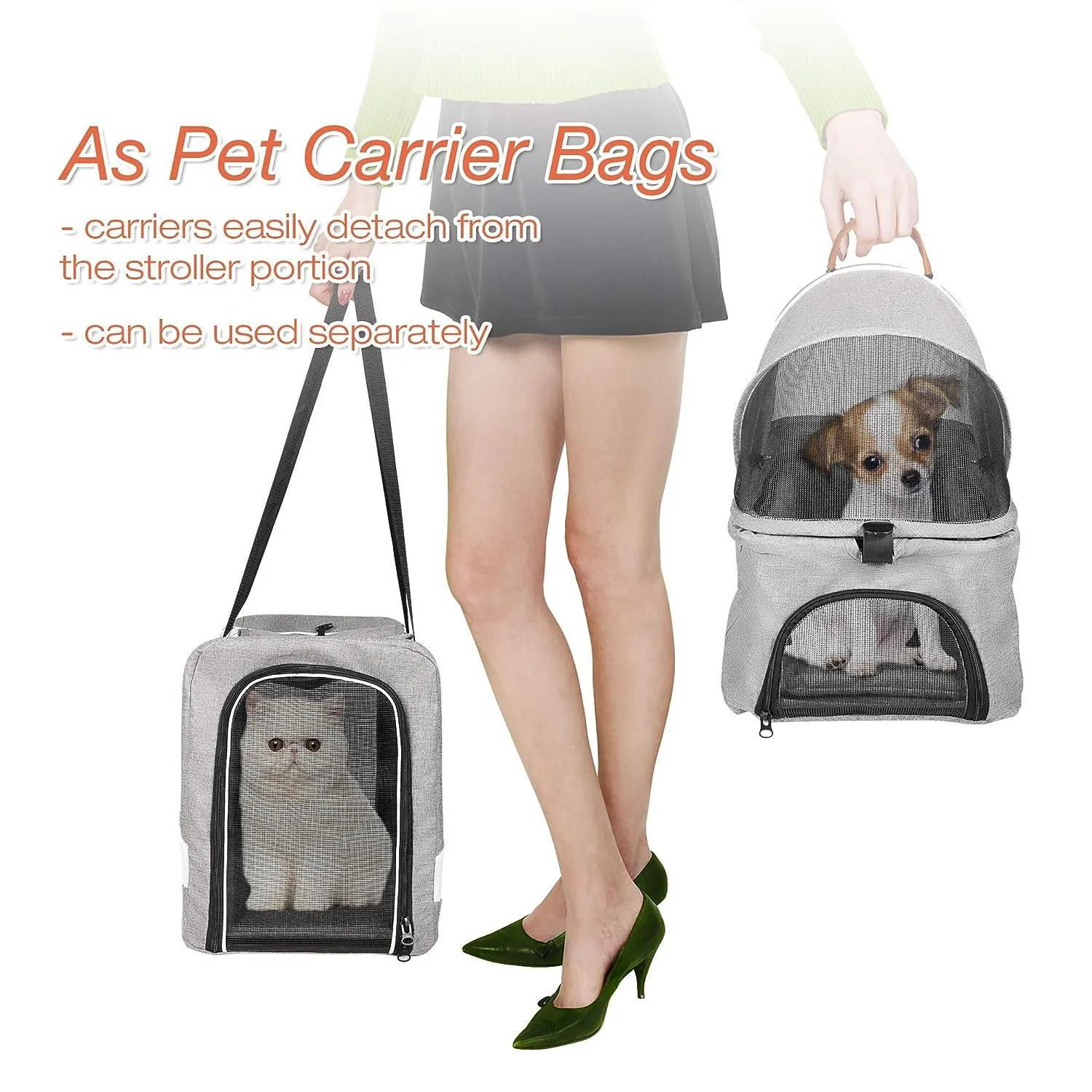 3 in 1 Double Seater Dog Stroller Pet Carrier with Detachable Carrier Dual Entry, Gray