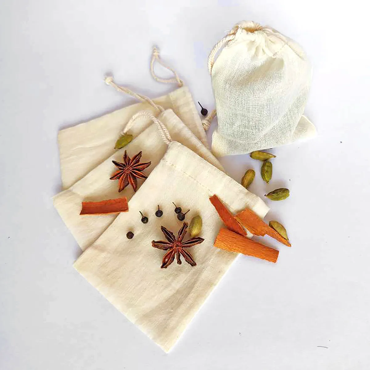 3"X 4" Pure Cotton Spice Pouch, Biodegradable and Reusable Premium Quality Muslin Drawstring Bag