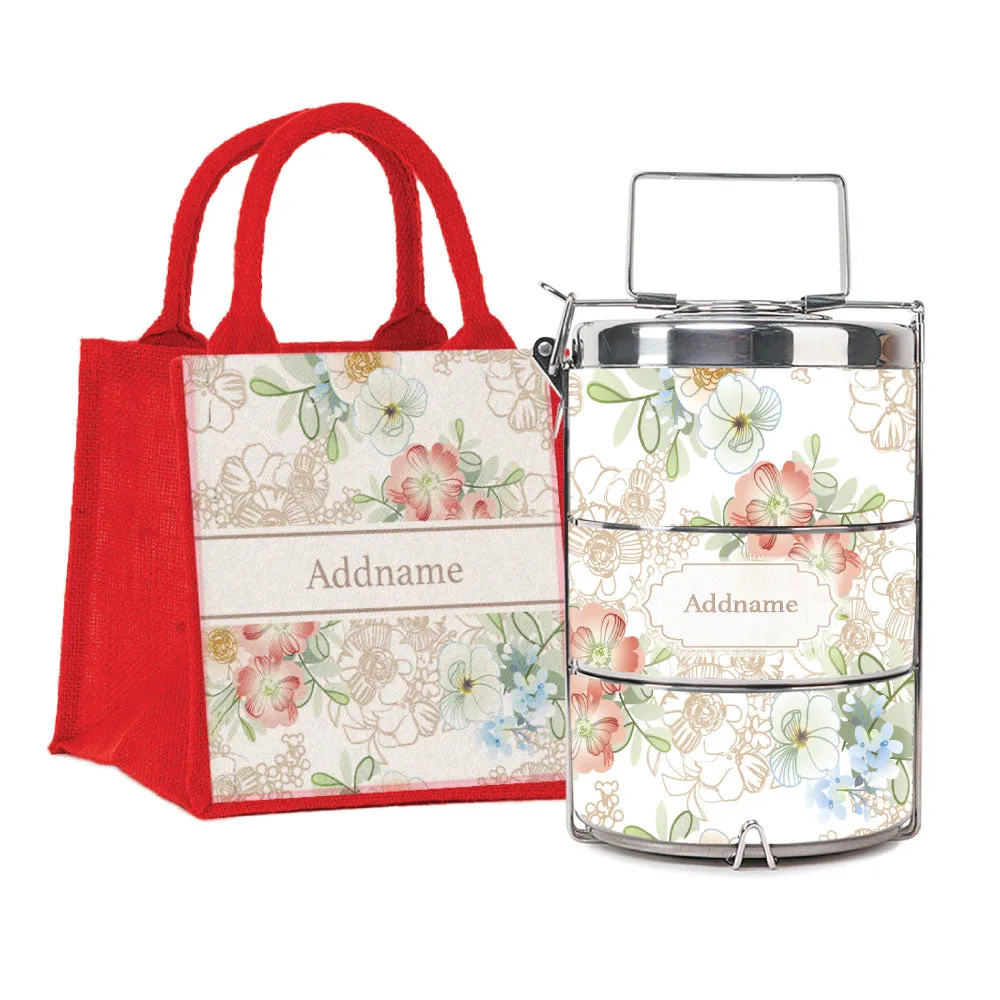 Abstract Fleur Flora Series 3-Tier Premium Medium 13.5cm Tiffin Carrier [FREE Custom Add Name]