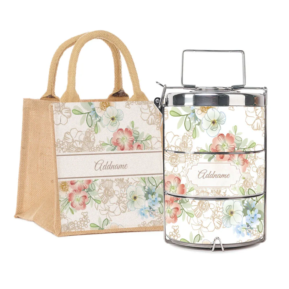 Abstract Fleur Flora Series 3-Tier Premium Medium 13.5cm Tiffin Carrier [FREE Custom Add Name]