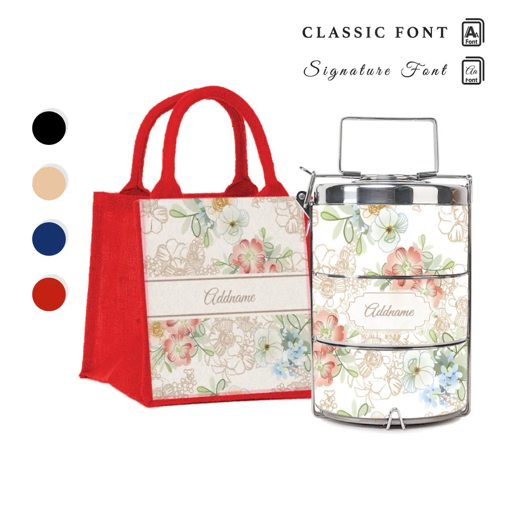 Abstract Fleur Flora Series 3-Tier Premium Medium 13.5cm Tiffin Carrier [FREE Custom Add Name]