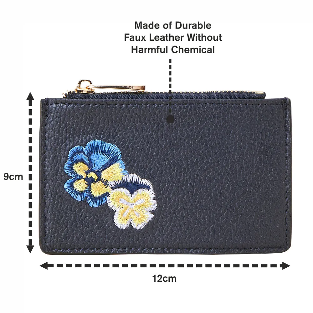 Accessorize London Women's Faux Leather Navy Floral Embroidered Card Holder