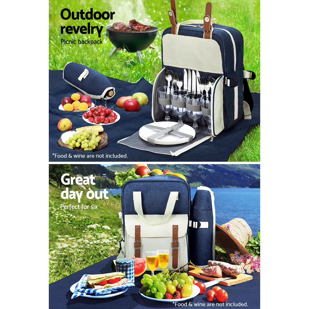 Alfresco Picnic Basket Backpack Set Cooler Bag 4 Person Outdoor Liquor Blue