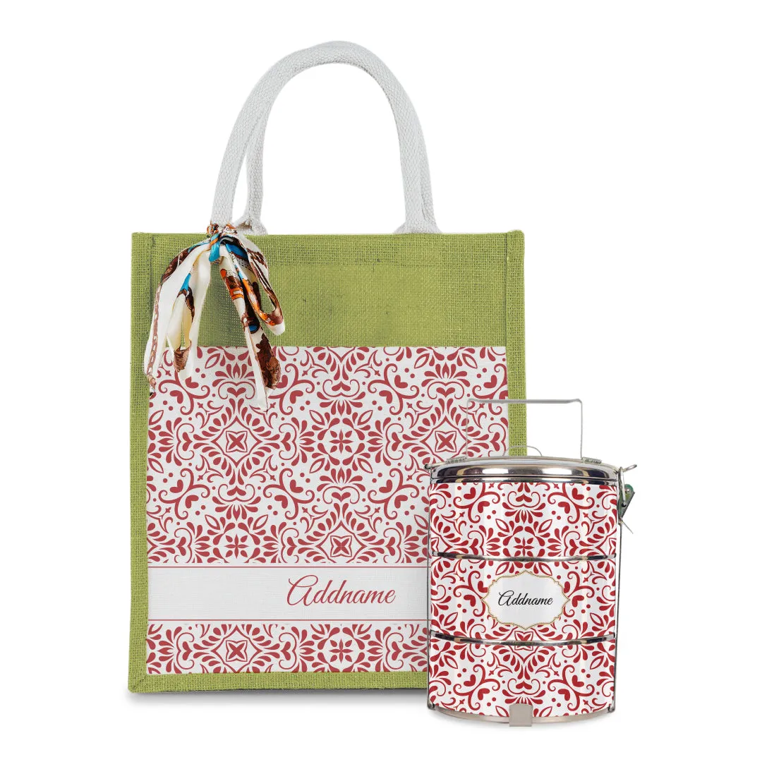 Arabesque Rosette Colourful Jute Bag with Tiffin Carrier Set