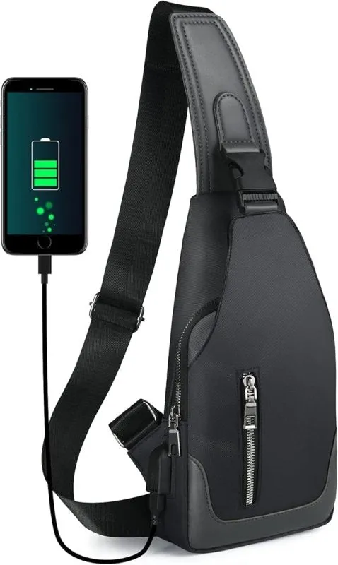 Aucuu Men's Chest Bag, Waterproof Shoulder Bag, Leisure Chest Bag with USB Charging Port, Travel Backpack for Hiking (with 1 x USB)