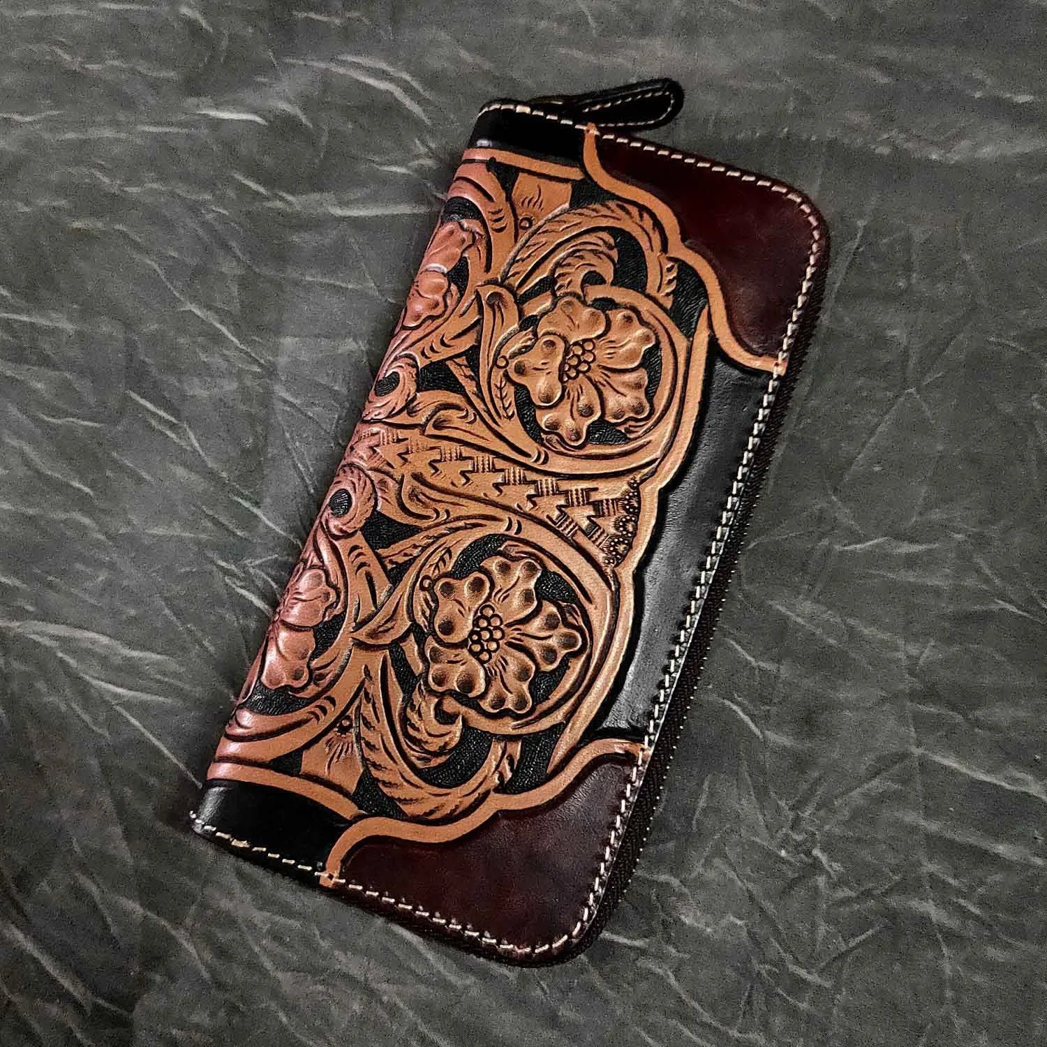 Badass Maroon Leather Men's Long Biker Tooled Wallet Floral Tooled Zipper Long Wallets For Men