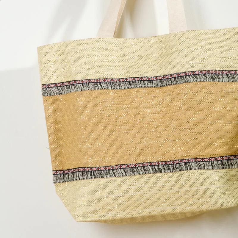 Beach Bag Straw Weave Gold & Beige