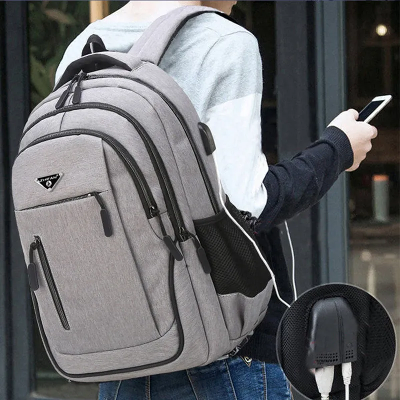 Big Capacity Men Backpack Multifunctional  Oxford Gray Solid USB Charging Student Schoolbag