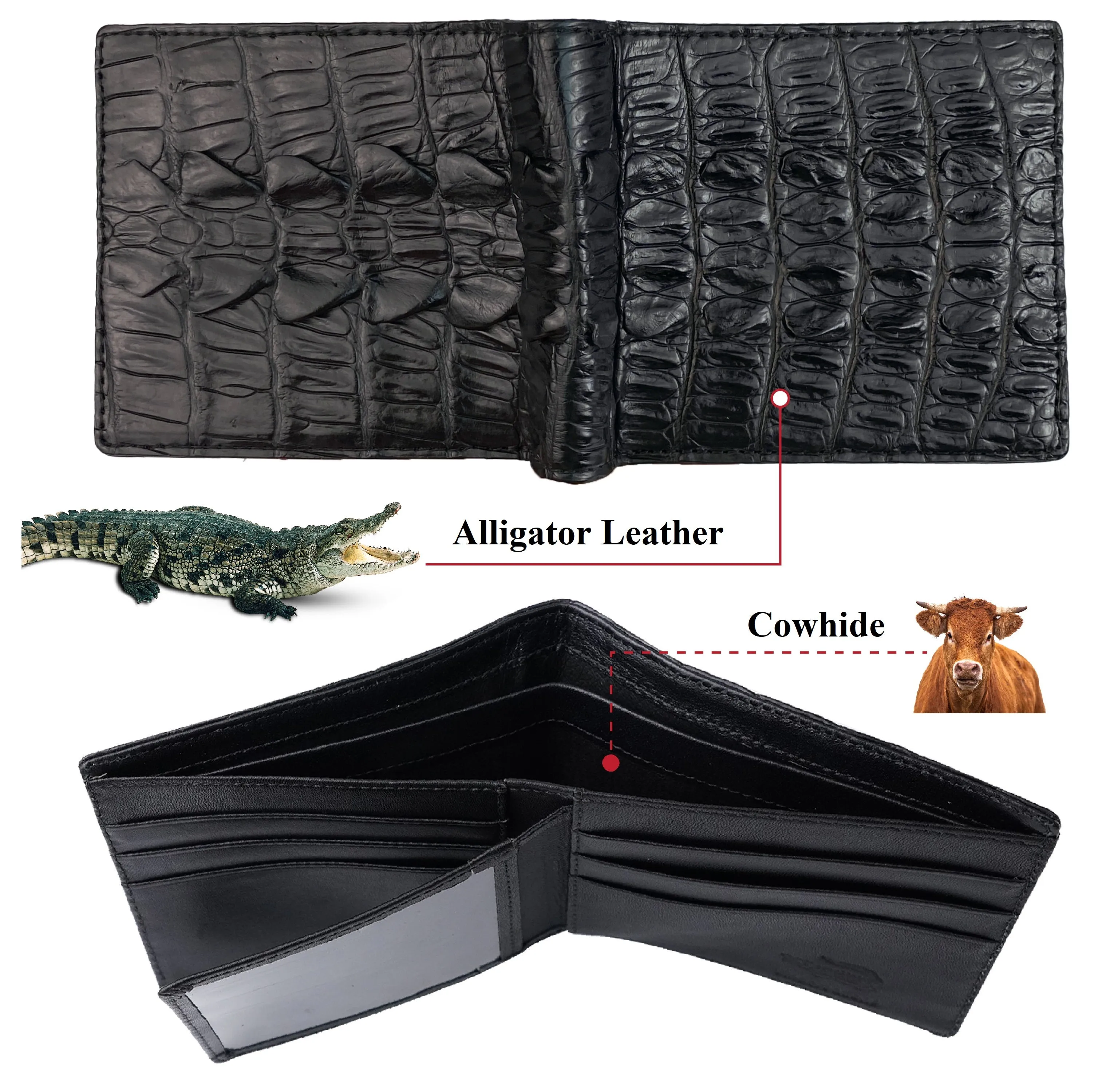 Black Alligator Tail Leather Bifold Wallet For Men RFID Blocking | VINAM-99