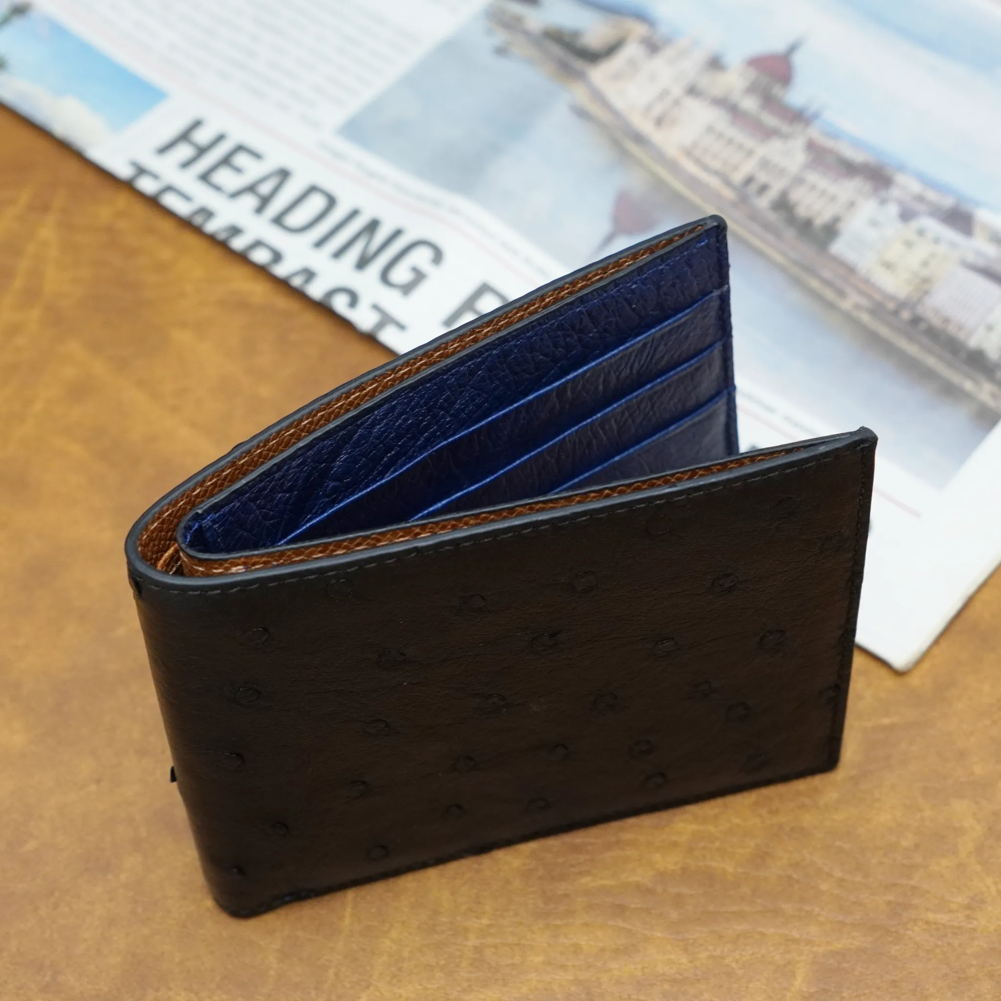 Black Blue Handmade Double Side Ostrich Leather Bifold Wallet for Men | VINAMOS-14