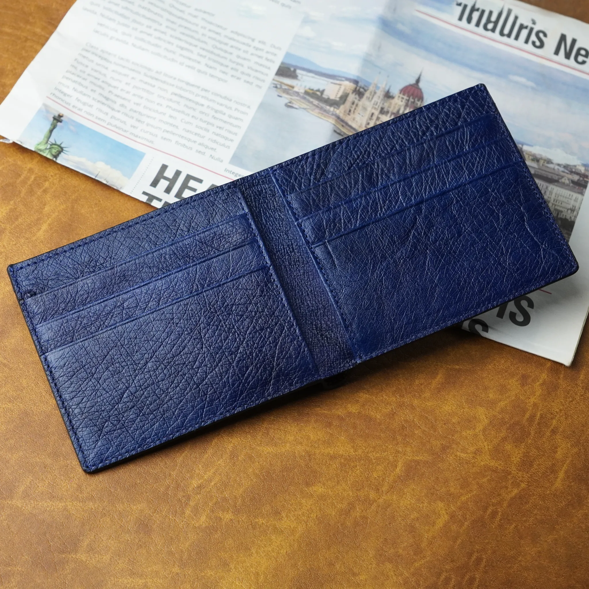 Black Blue Handmade Double Side Ostrich Leather Bifold Wallet for Men | VINAMOS-14