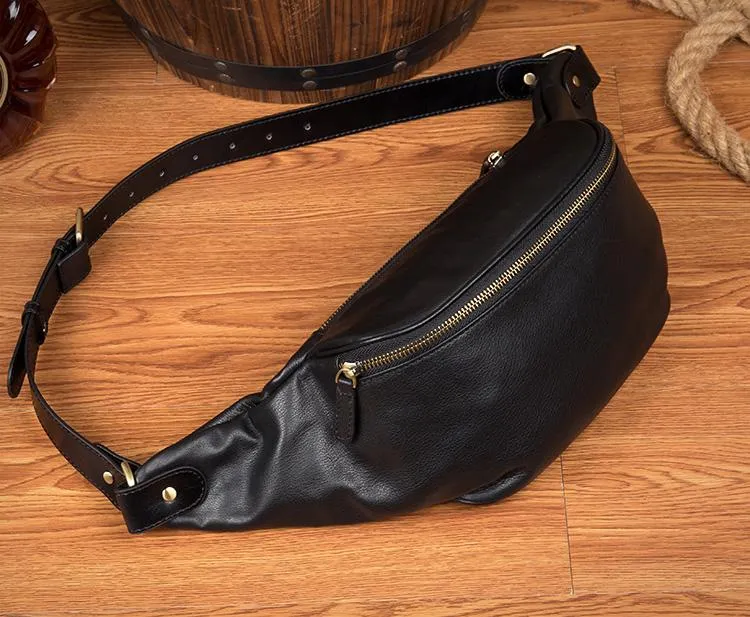 Black Leather Mens Fanny Pack Waist Bag Hip Pack Blue Belt Bag Bumbags for Men