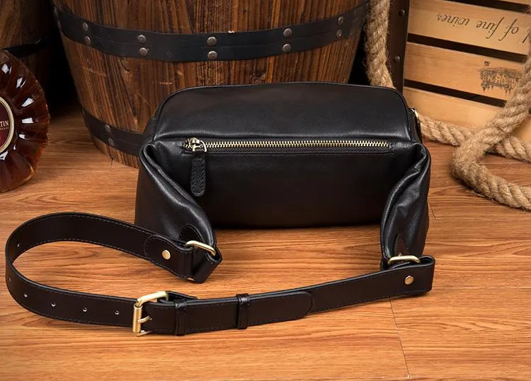 Black Leather Mens Fanny Pack Waist Bag Hip Pack Blue Belt Bag Bumbags for Men