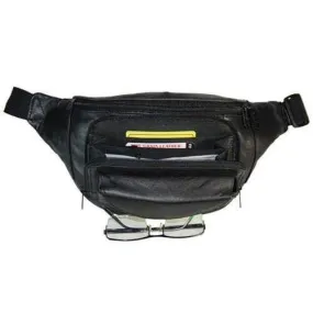 Black Leather Zipper Pockets Waist Pack with Hook and Loop Pocket for Glasses 049 (C)