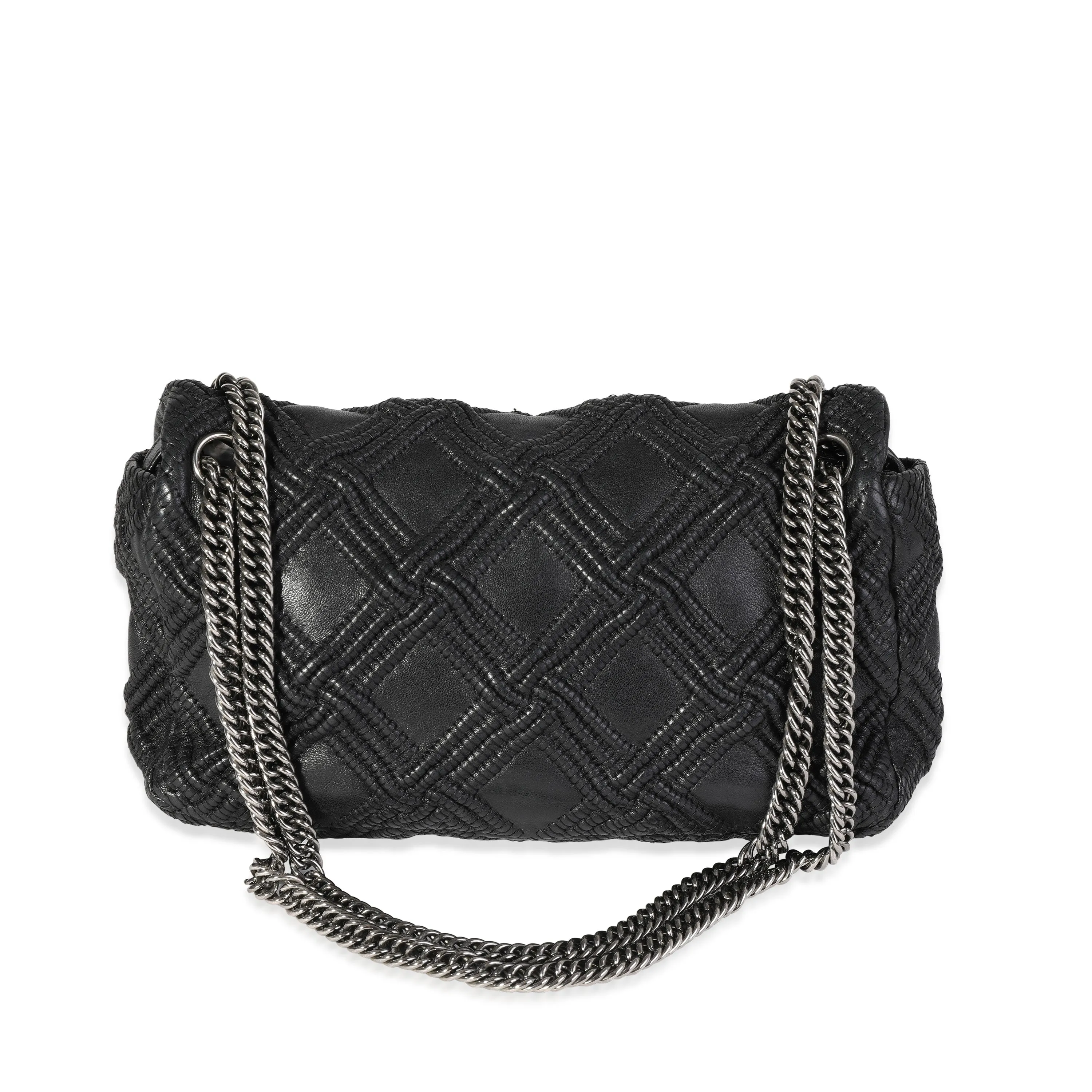 Black Woven Grid Leather Single Flap Bag