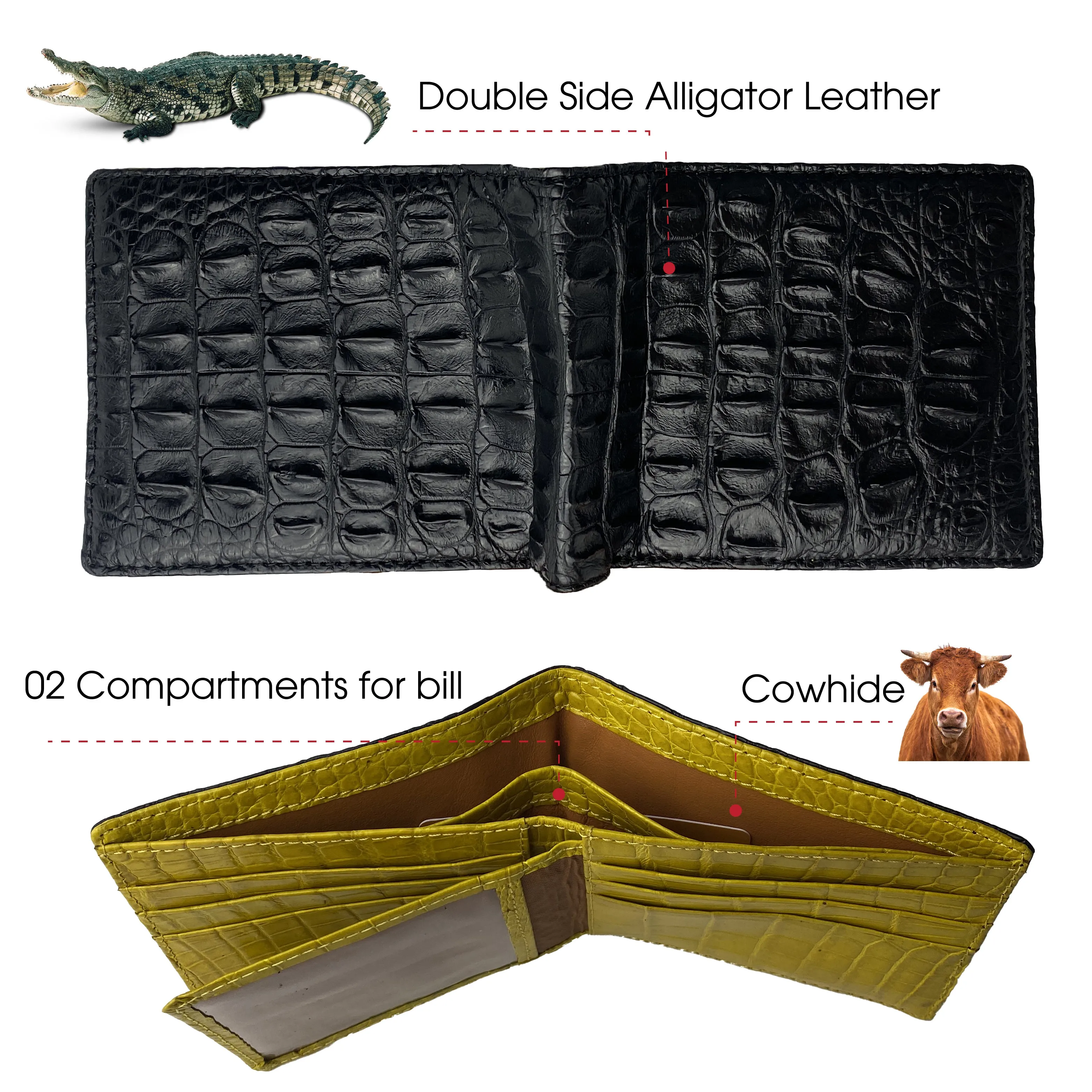 Black Yellow Double Side Alligator Leather Hornback Bifold Wallet For Men | Handmade Crocodile Hornback Leather Wallet RFID Blocking | VILE-319