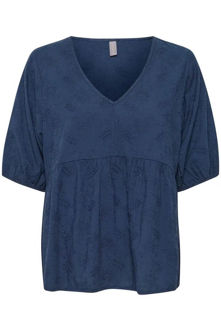 BLUE ELBOW SLEEVE COTTON BLOUSE