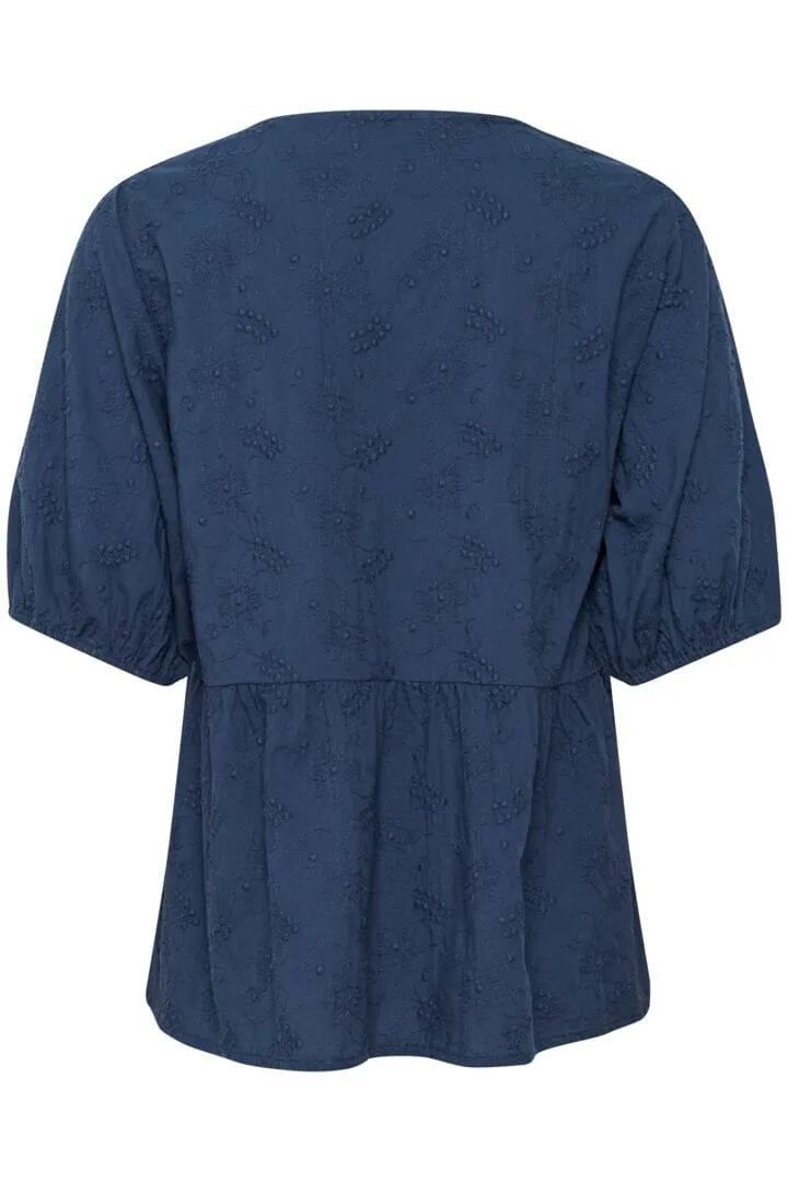 BLUE ELBOW SLEEVE COTTON BLOUSE