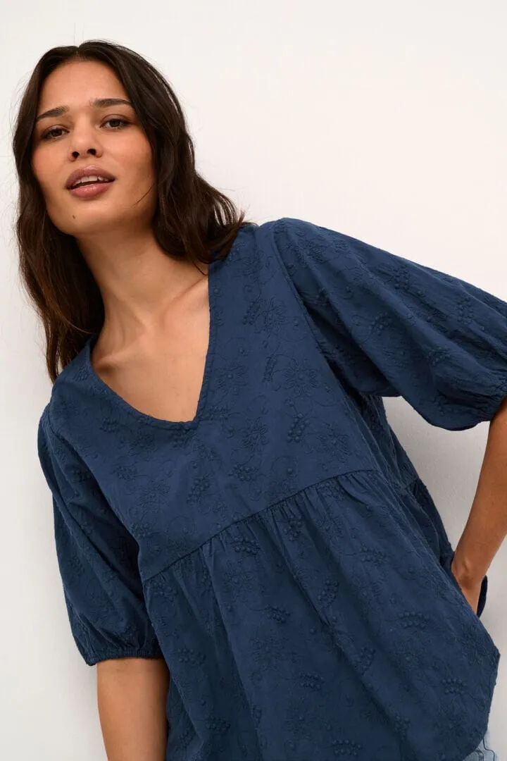 BLUE ELBOW SLEEVE COTTON BLOUSE