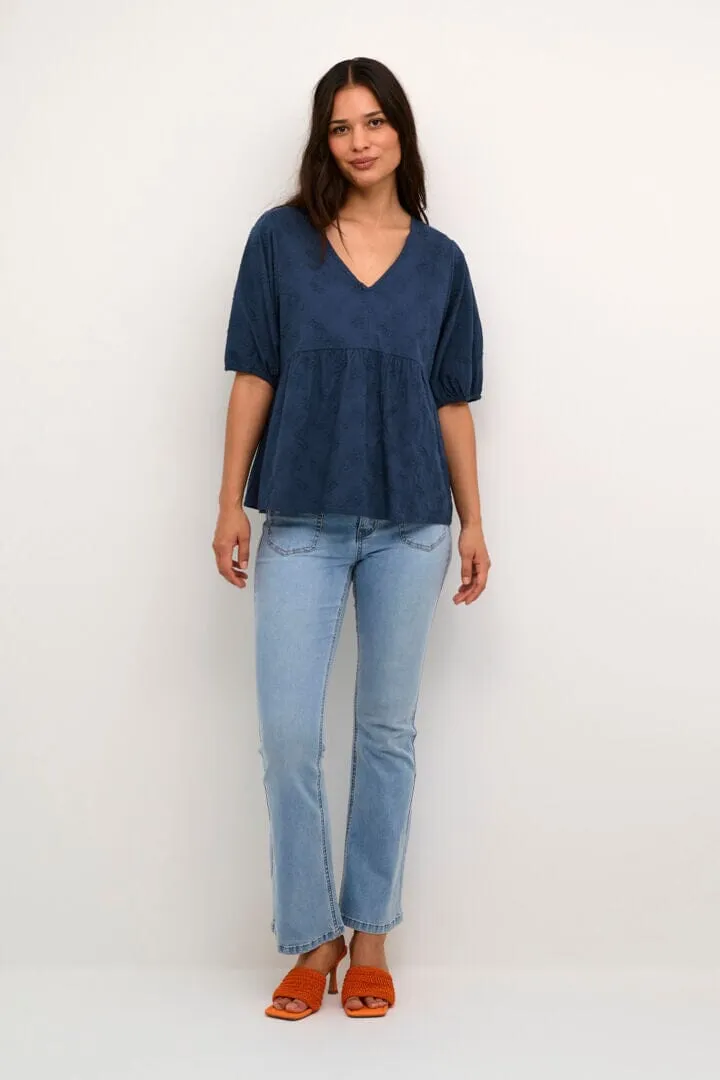 BLUE ELBOW SLEEVE COTTON BLOUSE