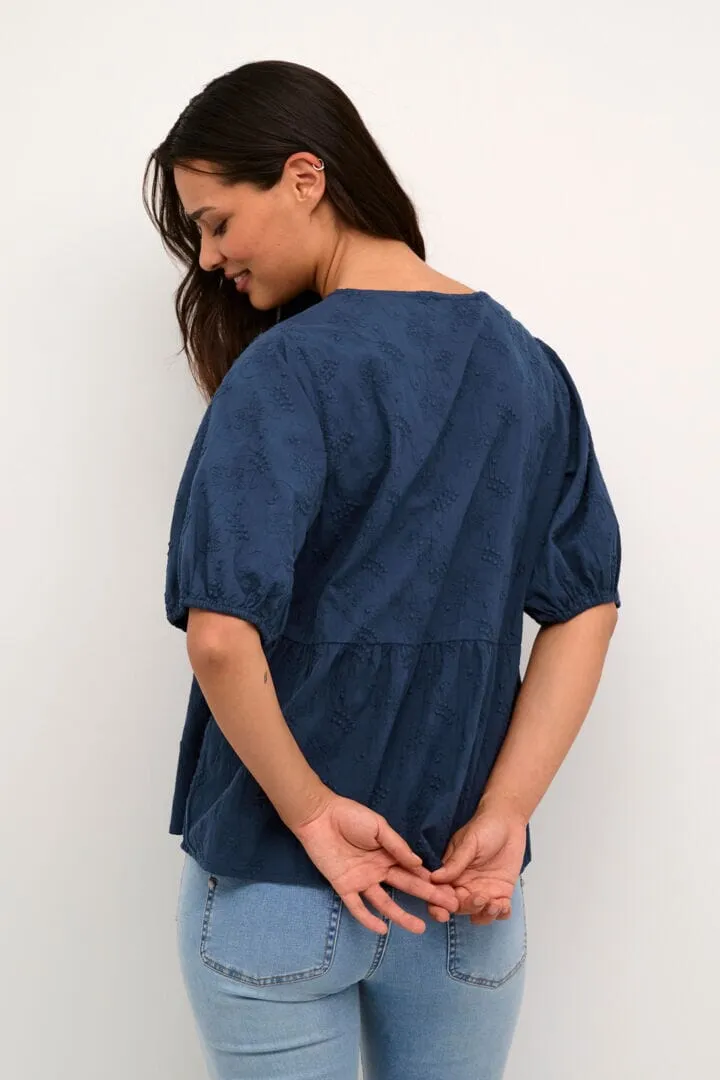 BLUE ELBOW SLEEVE COTTON BLOUSE