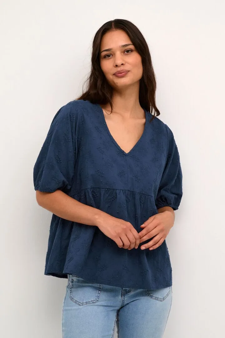 BLUE ELBOW SLEEVE COTTON BLOUSE