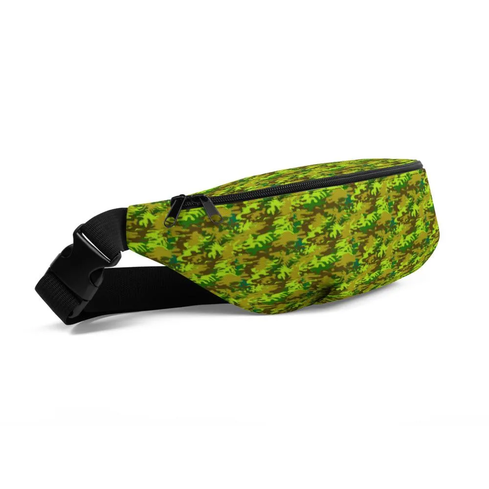 Bright Green Camo Fanny Pack, Army Camouflage Print Designer Belt Bag- Made in USA/MX/EU