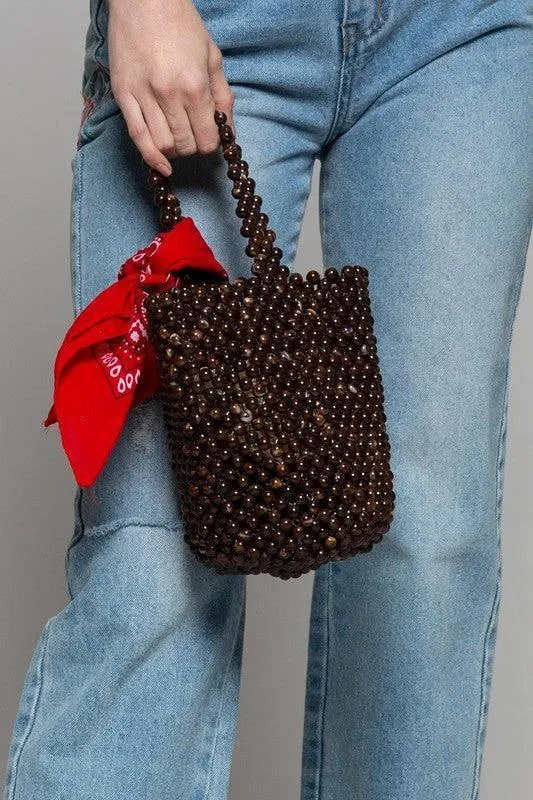 Brown Beaded Bucket Bag