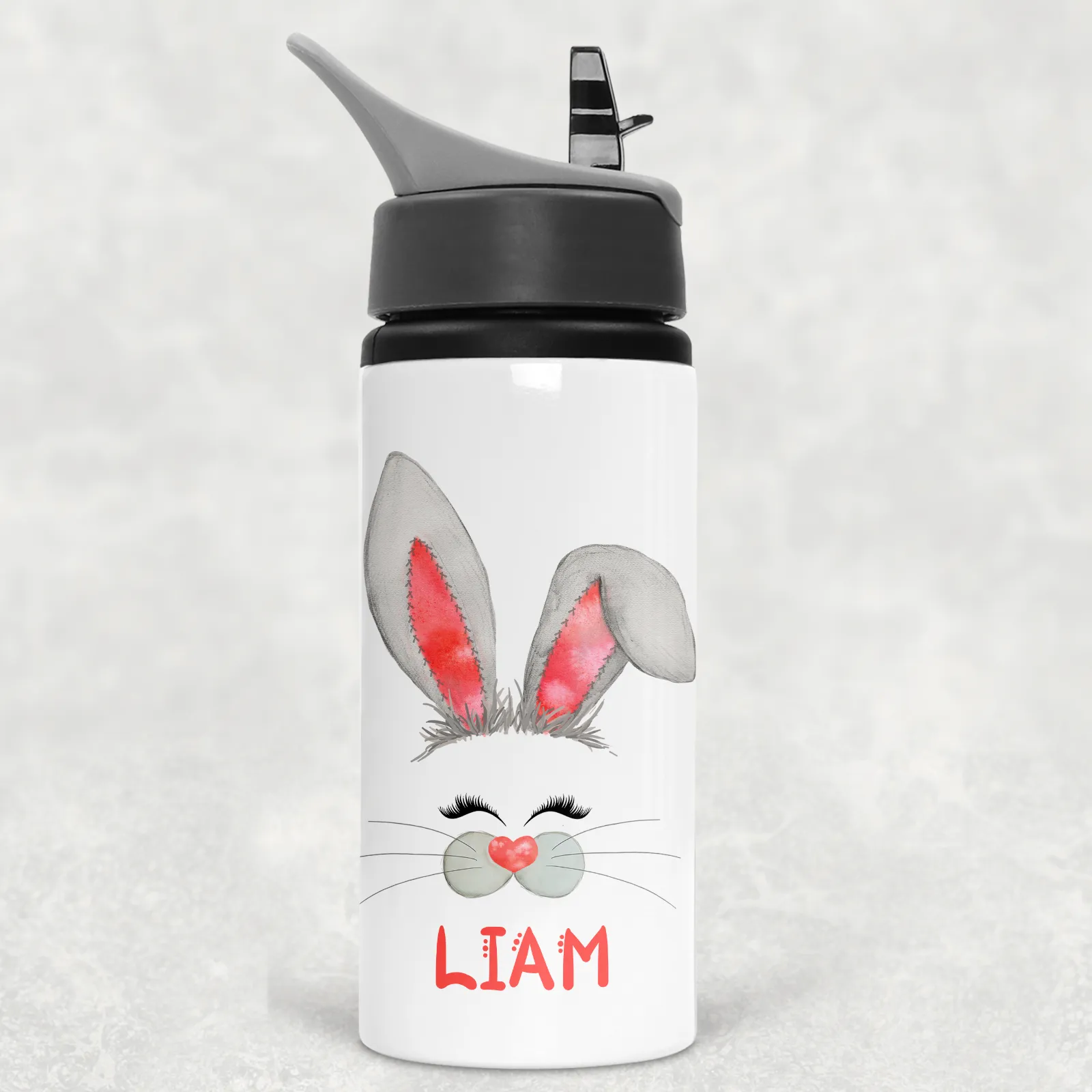 Bunny Rabbit Face Personalised Aluminium Straw Water Bottle 650ml