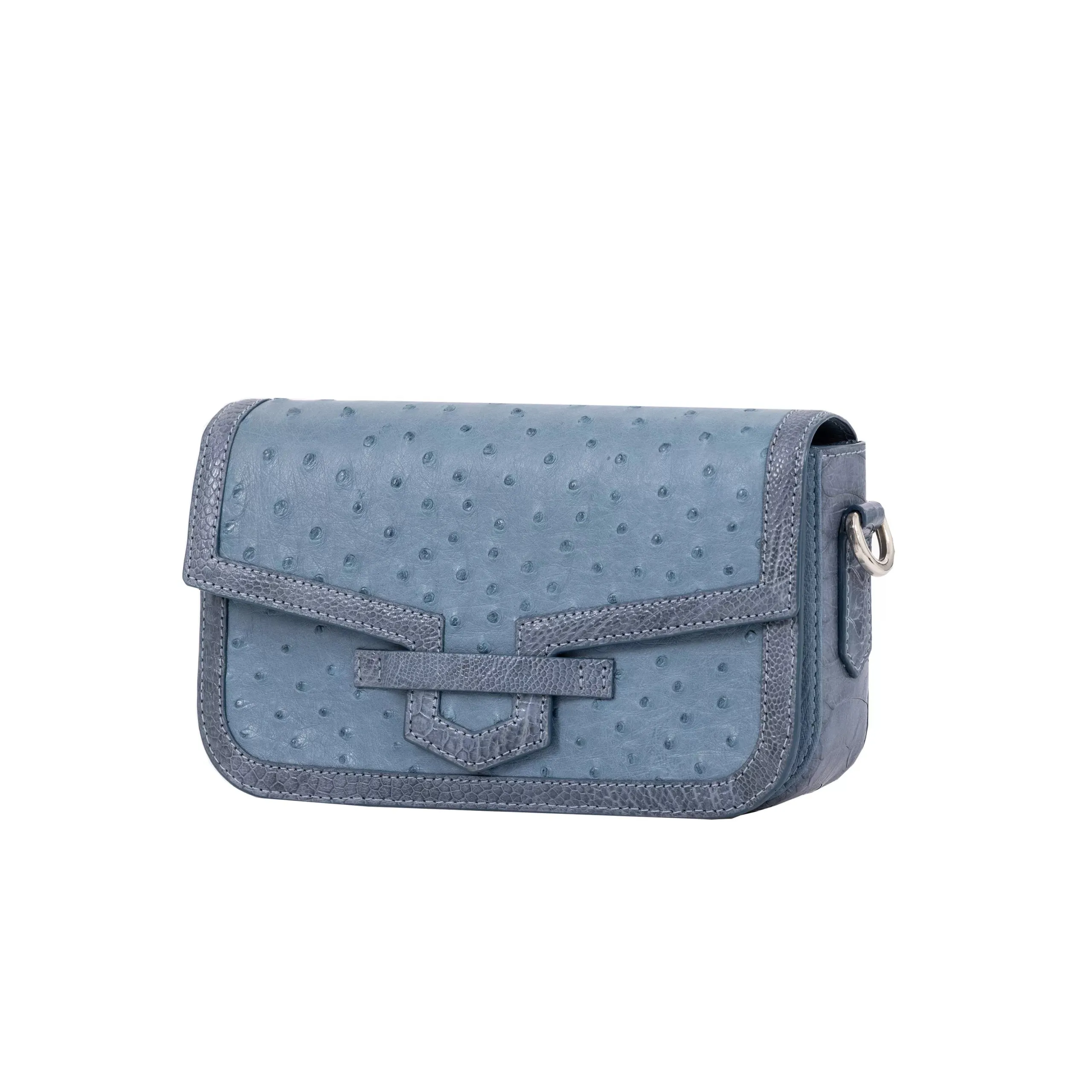 Caia Crossbody in French Blue Jean Ostrich & Clemaris Ostrich Leg Trim by Cape Cobra