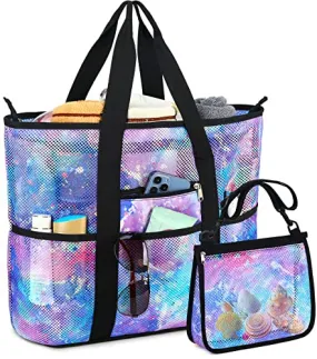 CAMTOP Beach Bags for Women Mesh Beach Tote Bag with Zipper Kids Shell Bags Large Pool Swim Vacation