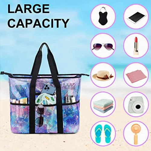 CAMTOP Beach Bags for Women Mesh Beach Tote Bag with Zipper Kids Shell Bags Large Pool Swim Vacation