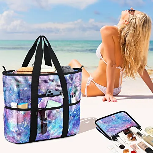 CAMTOP Beach Bags for Women Mesh Beach Tote Bag with Zipper Kids Shell Bags Large Pool Swim Vacation