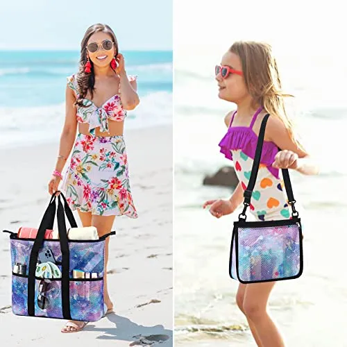 CAMTOP Beach Bags for Women Mesh Beach Tote Bag with Zipper Kids Shell Bags Large Pool Swim Vacation