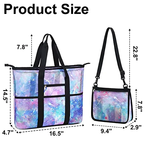 CAMTOP Beach Bags for Women Mesh Beach Tote Bag with Zipper Kids Shell Bags Large Pool Swim Vacation