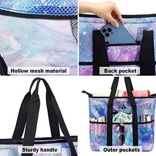 CAMTOP Beach Bags for Women Mesh Beach Tote Bag with Zipper Kids Shell Bags Large Pool Swim Vacation