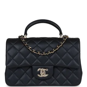 Chanel Mini Rectangular Flap Bag with Top Handle Dark Blue Lambskin Light Gold Hardware