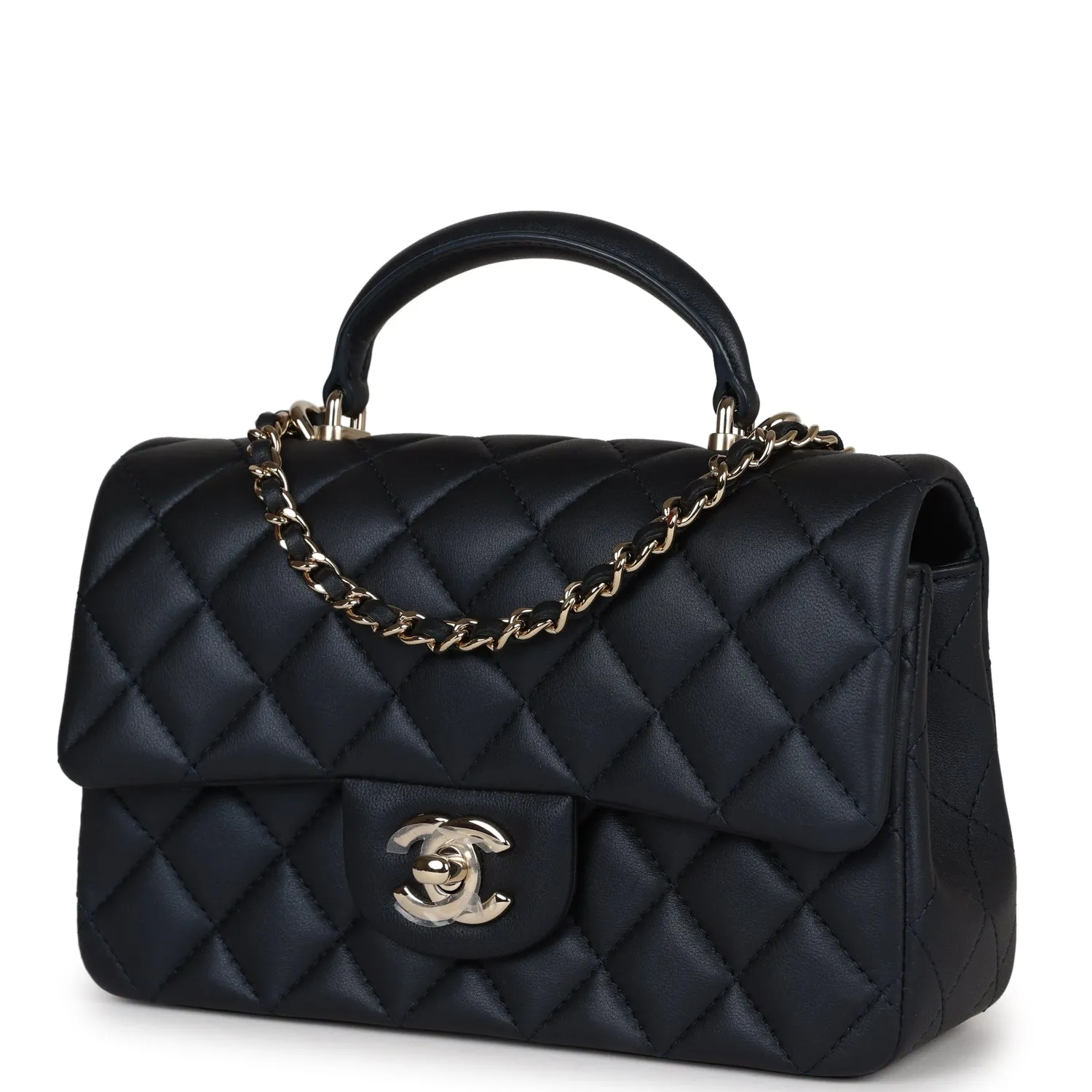 Chanel Mini Rectangular Flap Bag with Top Handle Dark Blue Lambskin Light Gold Hardware