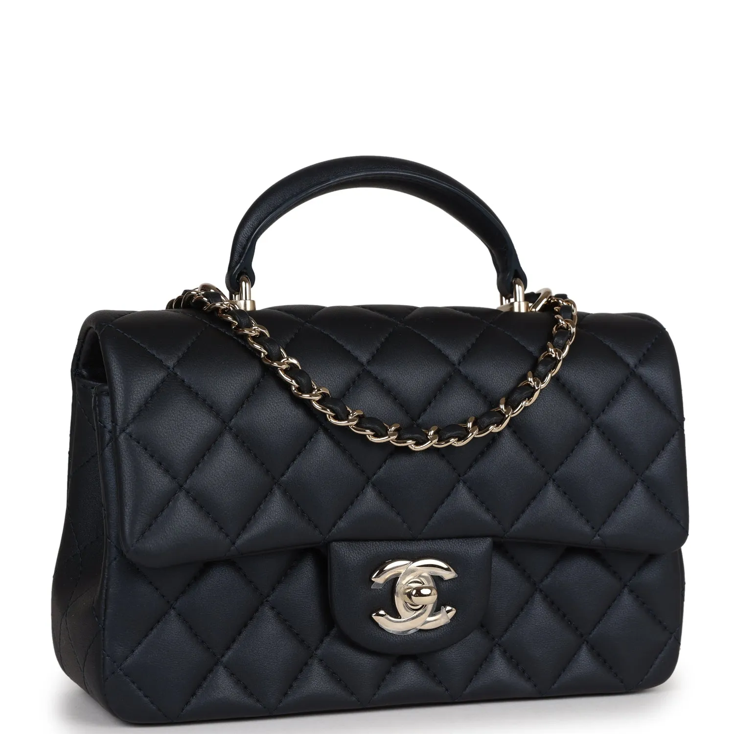 Chanel Mini Rectangular Flap Bag with Top Handle Dark Blue Lambskin Light Gold Hardware