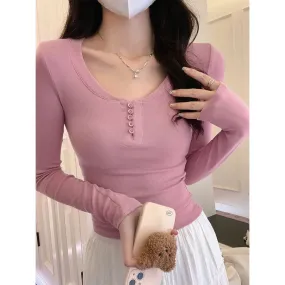 Chic Sexy Slim Solid Color Long Sleeve Women's T-shirts Ins Square Collar Buttons Slight Stretch Casual Female Blouses