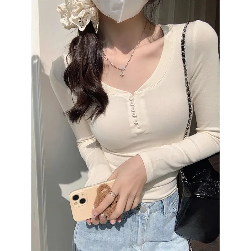 Chic Sexy Slim Solid Color Long Sleeve Women's T-shirts Ins Square Collar Buttons Slight Stretch Casual Female Blouses