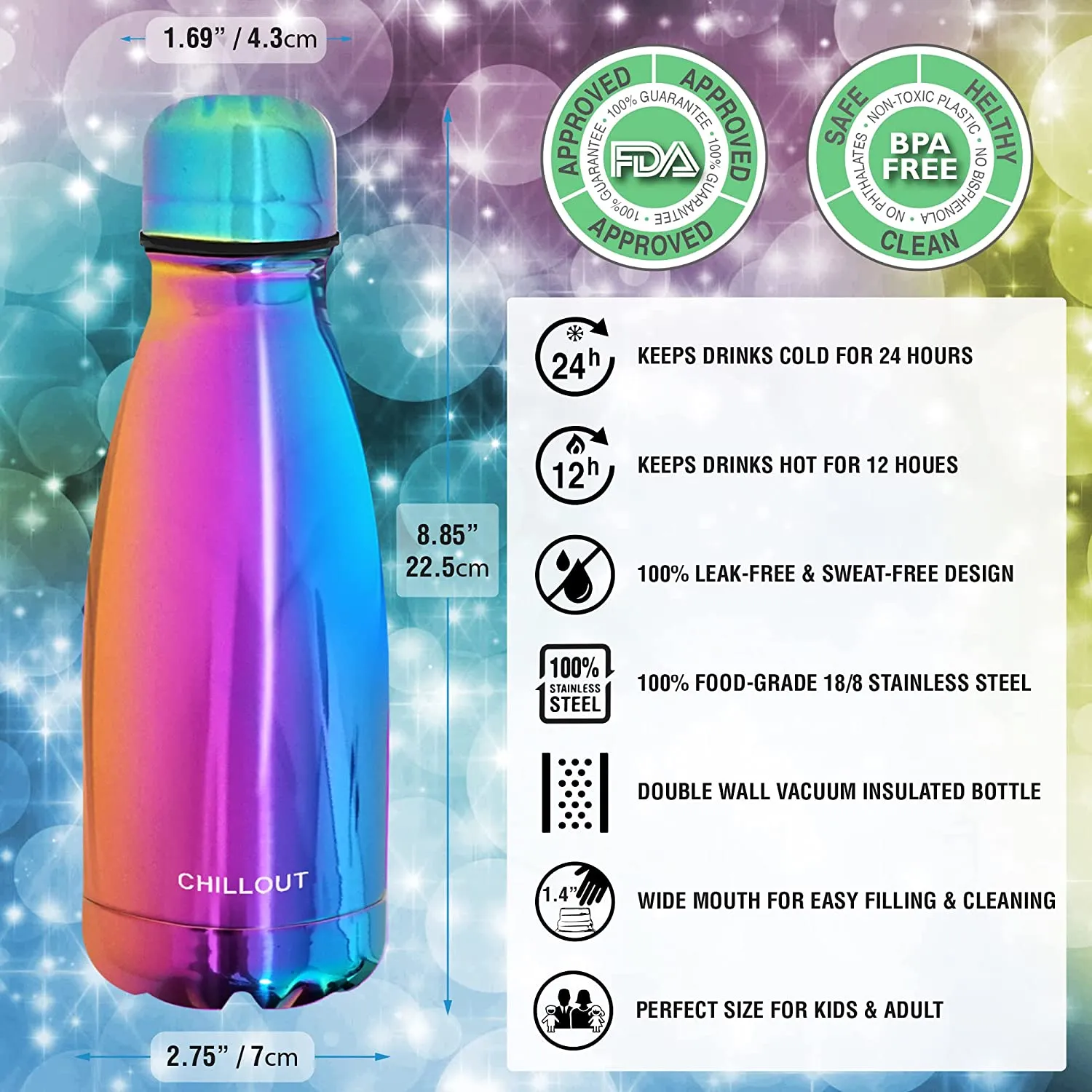 CHILLOUT LIFE Stainless Steel Water Bottle for Kids School: 12 oz Double Wall Insulated Cola Bottle Shape