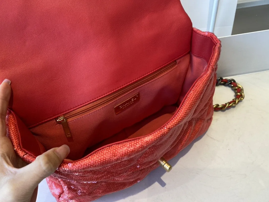 CHL 19 Flap Bag Gold Hardware Red For Women, Women&#8217;s Handbags, Shoulder Bags 10.2in/26cm AS1160 