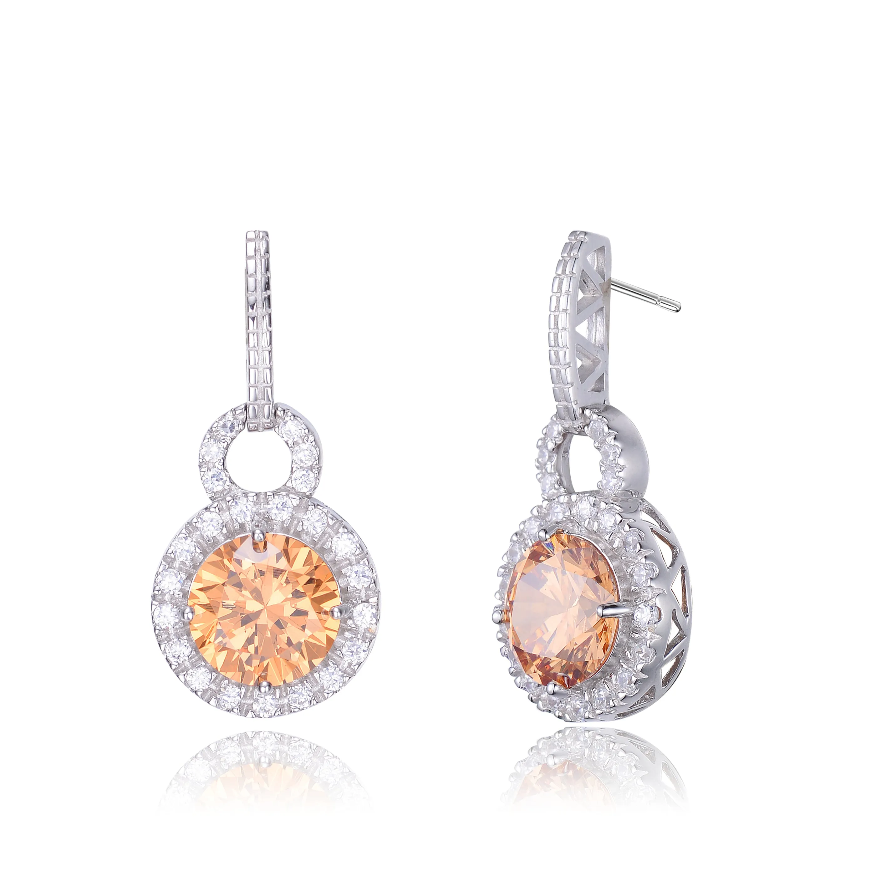 Cubic Zirconia Sterling Silver Rhodium Plated Round Champagne Drop Earrings